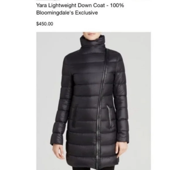 Mackage Yara Lightweight Black Down Puffer Coat, Leather Trim